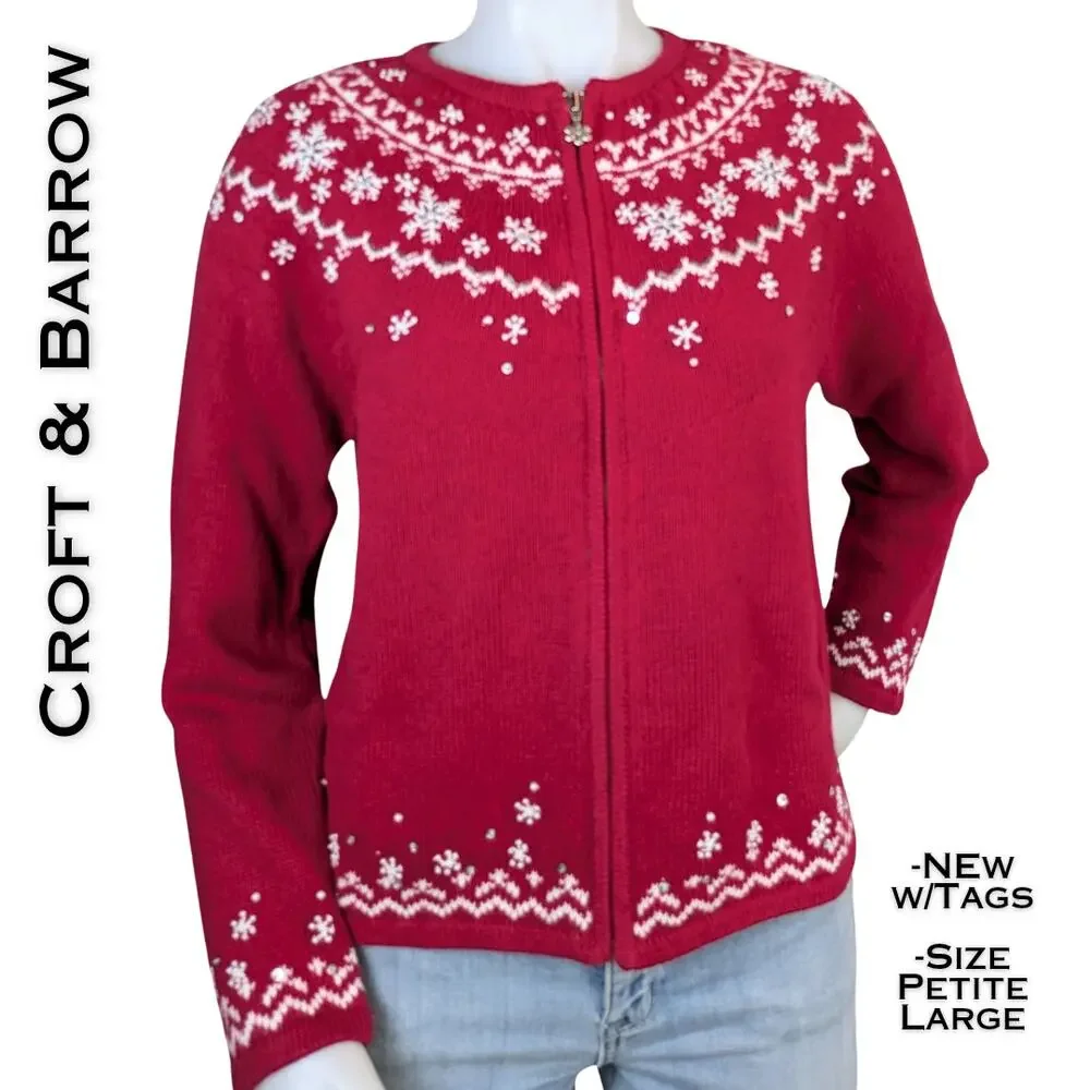 Croft & Barrow Cardigan Sweater Petite Large Red Fair Isle Snowflake Beaded NEW